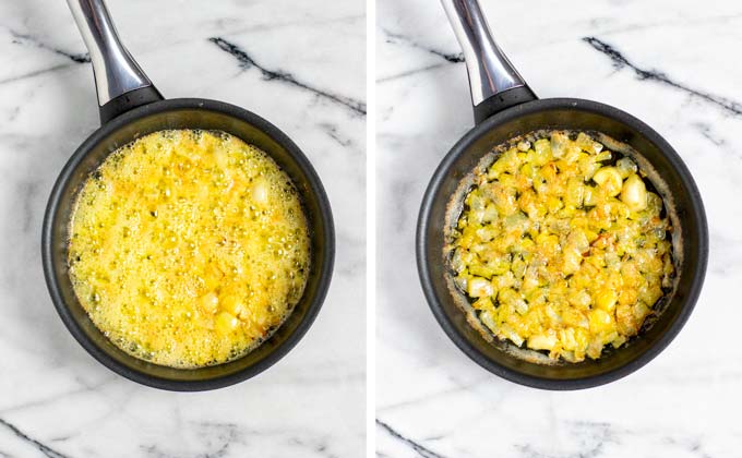 Onions and garlic are sautéed in a small sauce pan.