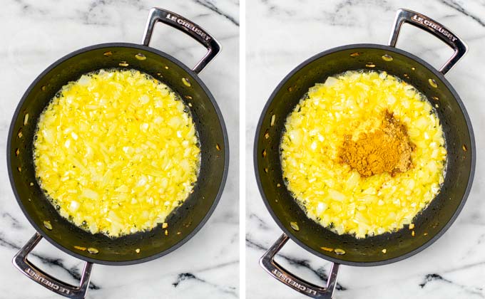 First the onions and garlic are sauteed in vegan butter.