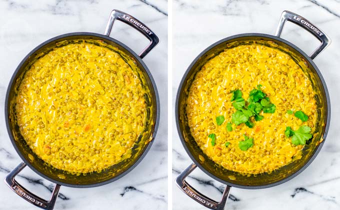 Showing the ready Lentil Curry in the pan, without and with extra cilantro garnish.