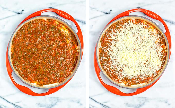 Tomato sauce is given over the filling and topped with vegan Mozzarella shreds.