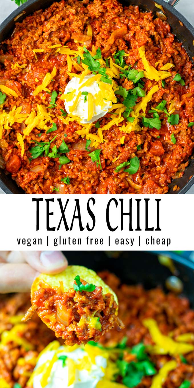 Collage of two pictures of the vegan Texas Chili with recipe title text.