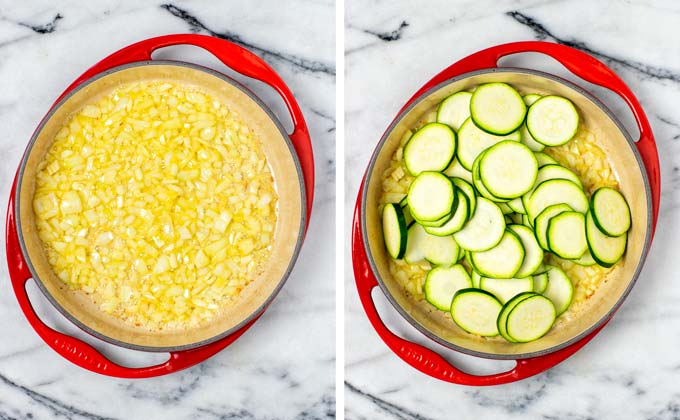 First step: Sautéing diced onions and sliced zucchini.