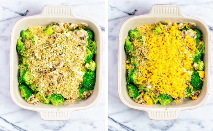 Breadcrumbs and extra vegan cheddar top this Broccoli Casserole.
