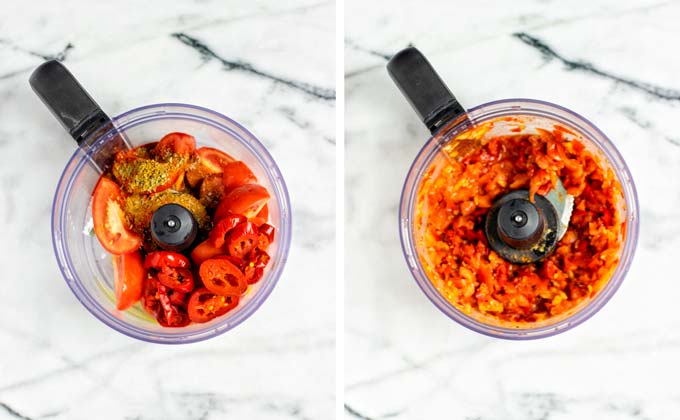 Preparing the tomoato-jalaeno sauce in a food processor before and after.