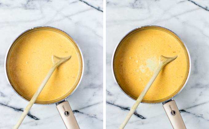 The cashew mixture is added to the sauce.