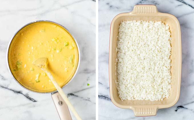 The casserole dish is prepared with a layer of cooked rice at the bottom.