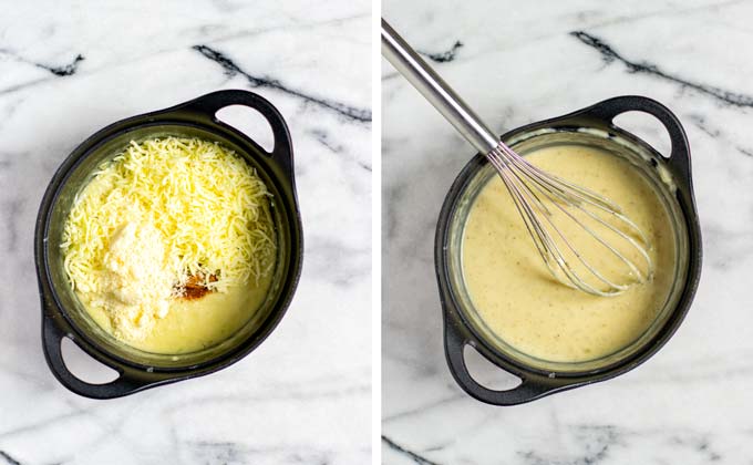 Vegan cheeses and spices are mixed into the gratin sauce.