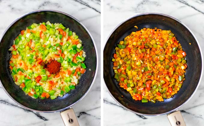 Fried vegetables are mixed with spices.