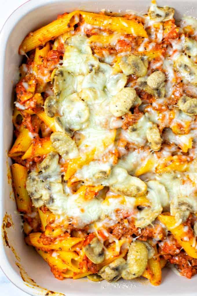 Top view on the Hot Dish in a large casserole dish.