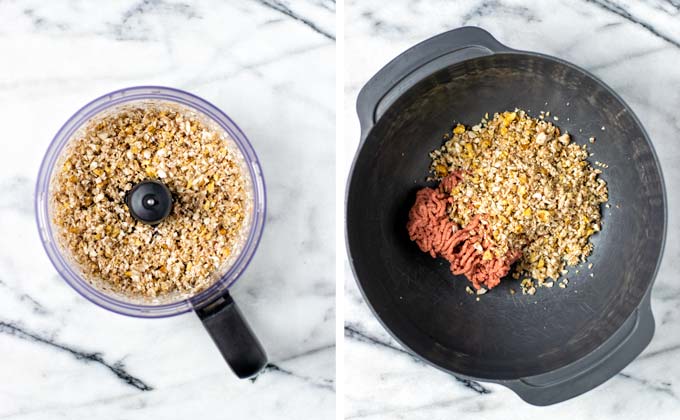 Walnuts and mushrooms are pulsed in a food processor, then mixed with vegan ground beef in a large bowl.