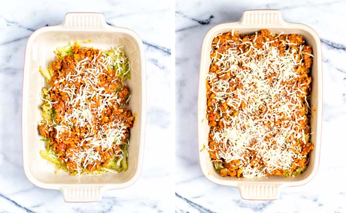 Showing the ready assembled Cabbage Roll Casserole before baking in the oven.