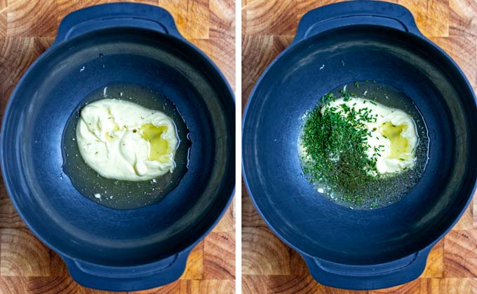 A large dark bowl with vegan mayo, pickle juice and herbs.
