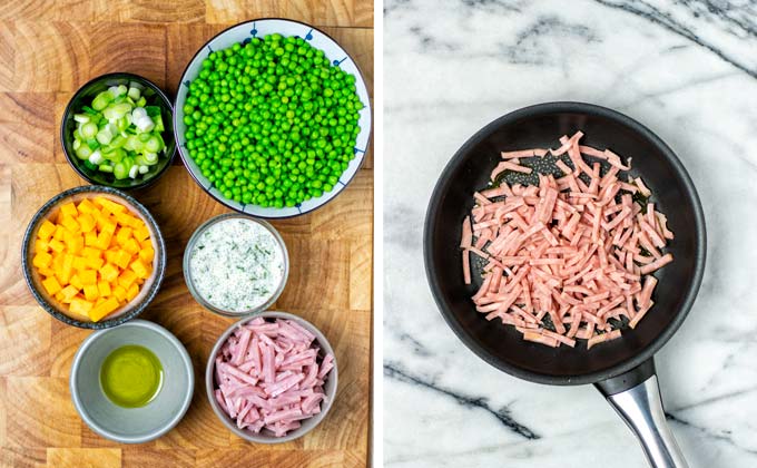 Ingredients for the Pea Salad collected on a wooden board.