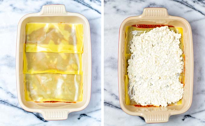 Lasagna noodles are placed on the marinara sauce in the casserole dish, followed by the cottage cheese mix.