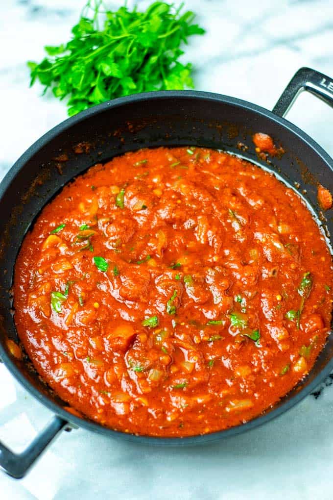 Arrabbiata Sauce in the frying pan.