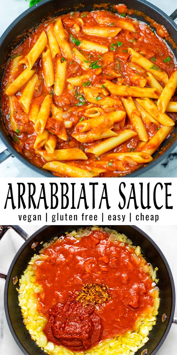 Collage of two pictures of the Arrabbiata Sauce with recipe title text.
