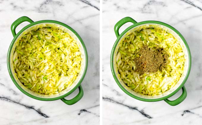 The spice mixture is given to the large pot with the fried cabbage.