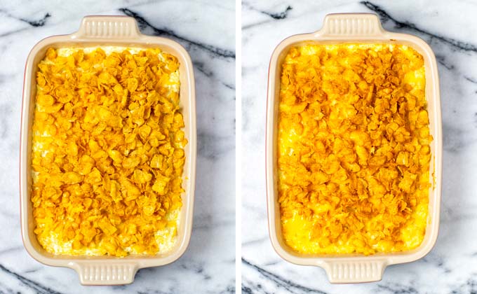 Finally the toasted corn flakes are given over the potatoes and everything is baked in the oven.