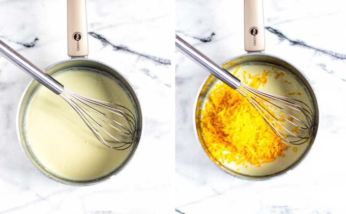 Showing how vegan cheese is mixed with the base white sauce in a saucepan.