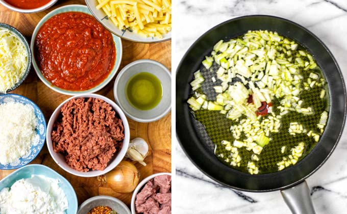 All ingredients needed for this Baked Ziti are assembled on a wooded board and the first step of frying onion dices in a frying pan is shown.