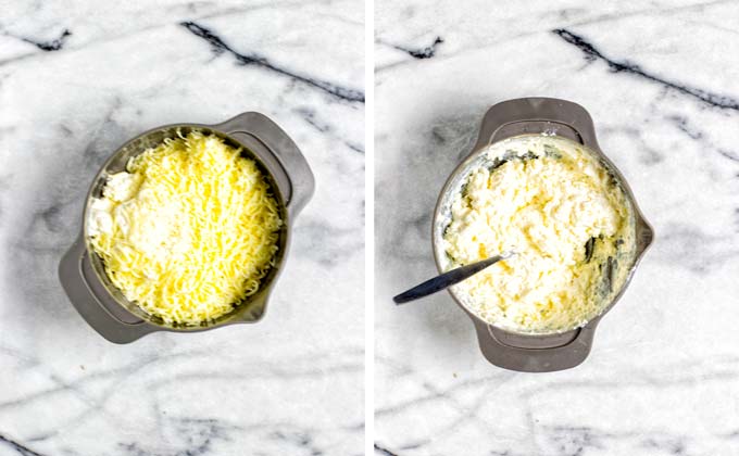 Shows the making of the vegan ricotta cheese mix: all ingredients given to a small mixing bowl before and after mixing.