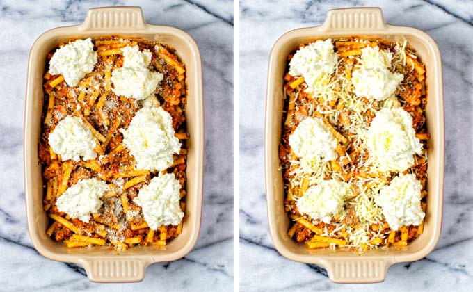 Finally showing the assembled Baked Ziti with vegan parmesan and mozzarella sprinkled over it.