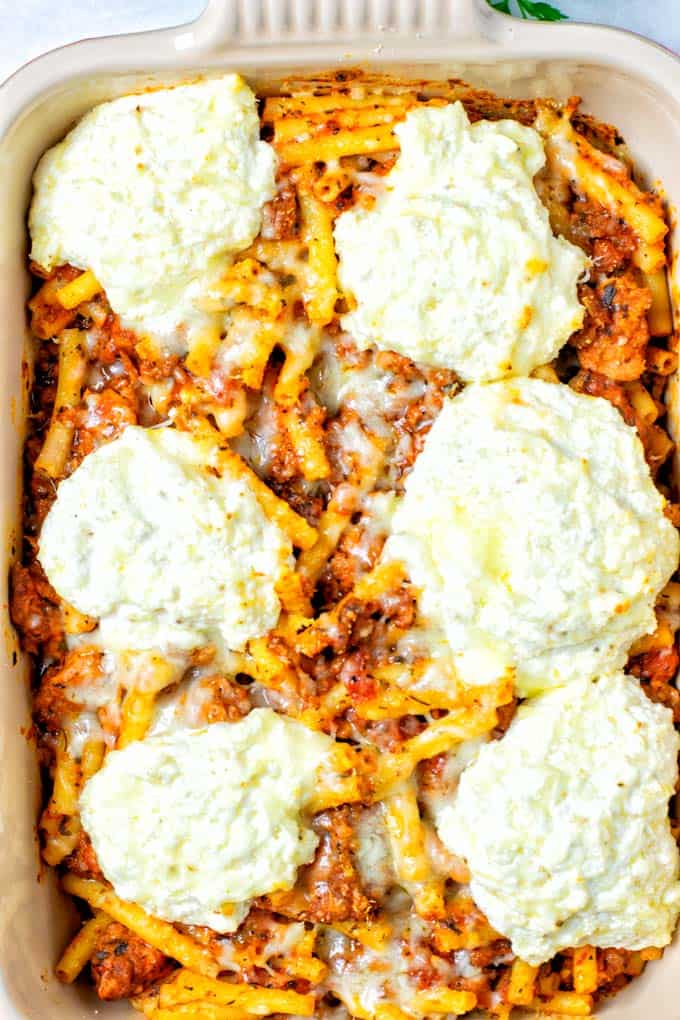 View from the top of the vegan Baked Ziti out of the oven with the cheeses just melted.