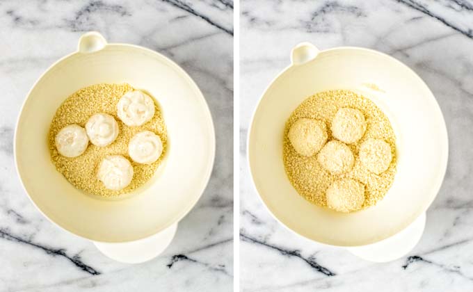 The dough-coated mushrooms are given to the bowl with the breadcrumbs and covered with them.
