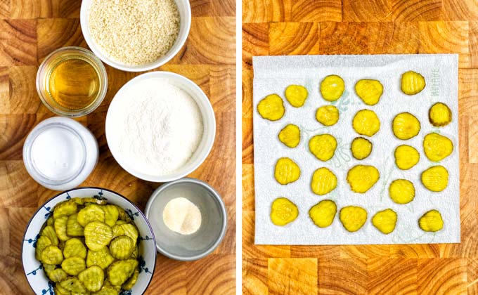 Ingredients for the Fried Pickles are collected in small bowls on a wooden board.
