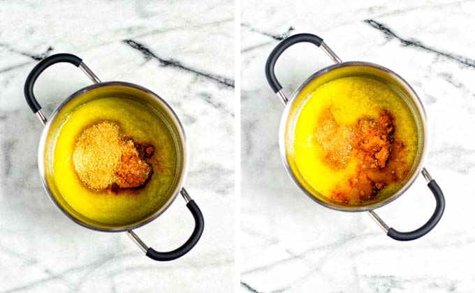 Side by side views showing the addition of cayenne pepper and vinegar to the small saucepan with the base Nashville Hot Sauce.