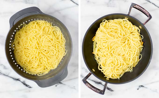 Showing how the drained spaghetti are added to the pan with the garlic.