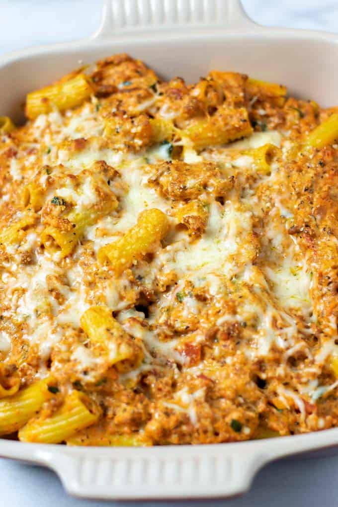 Closeup of the Rigatoni Bake with the melted cheese.