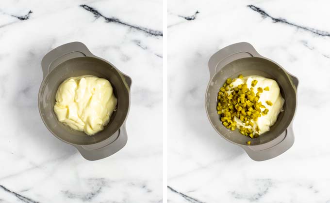 Showing mixing the vegan mayo with relish.