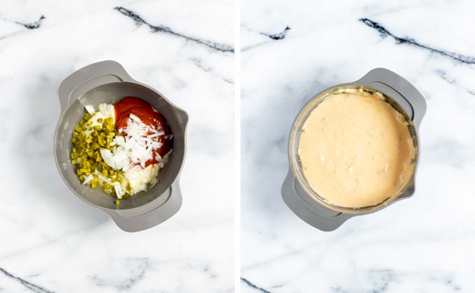 Showing the addition of spices to the base dressing and mixing everything well.