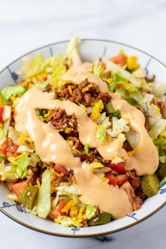 A large serving bowl with the Big Mac Salad.