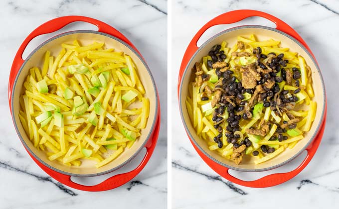 Avocado cubes and the bean-gyros mixture are added to the fries.