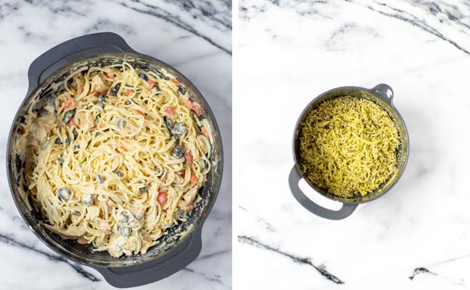 In a small bowl, vegan cheeses and breadcrumbs are mixed to make a topping.