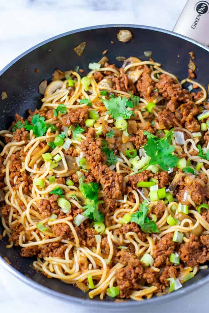 A full pan of the Mushroom Pasta.