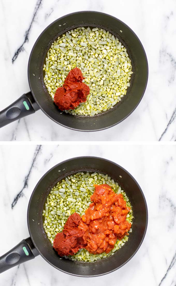 Steps showing the addition of tomato paste and crushed tomatoes to a frying pan.