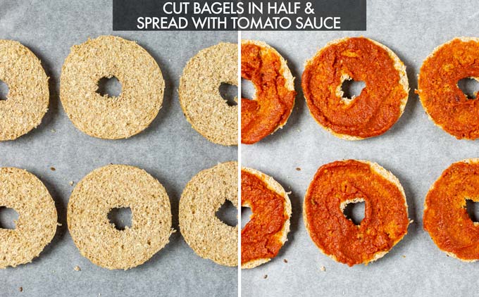 View on how halved bagel on a baking sheet are spread with the tomato sauce.