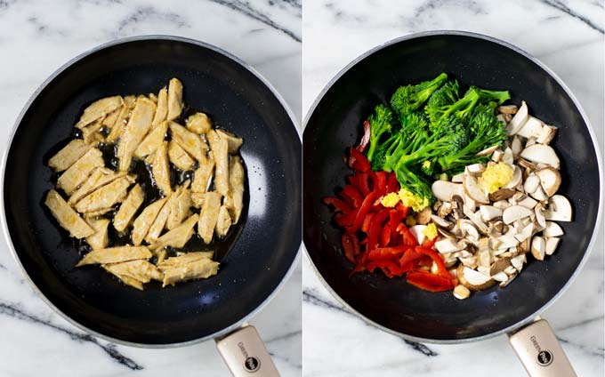 Side-by-side view from the top on a wok showing how vegan chicken ist fried in sesame oil and then how vegetables have been added.