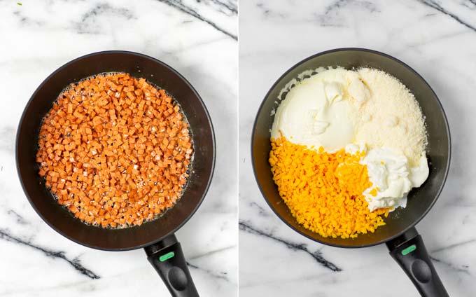 Side by side view of a pan in which vegan bacon bites are first fried, then removed, and the ingredients for the cheese sauce are added to the same pan.