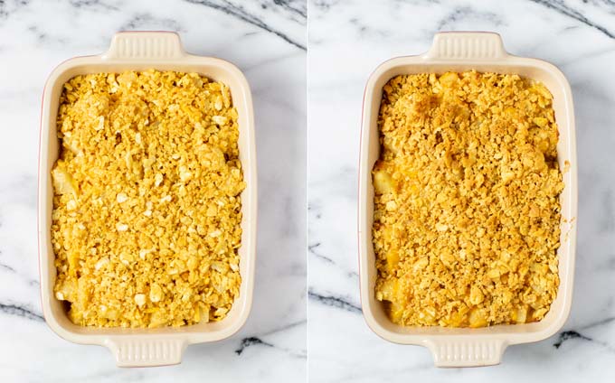 Top view on the Pineapple Casserole before and after baking.