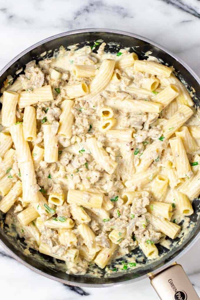 Another top view on a large pan with the ready Sausage Pasta.