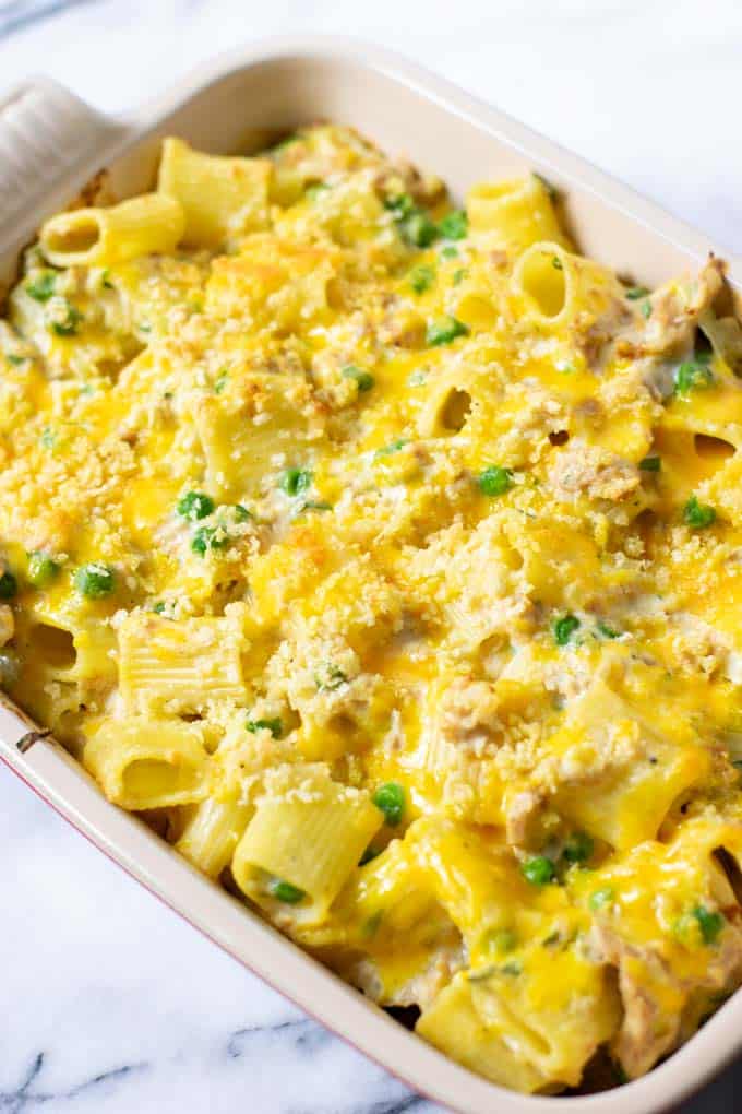 The ready Tuna Noodle Casserole served from the oven.