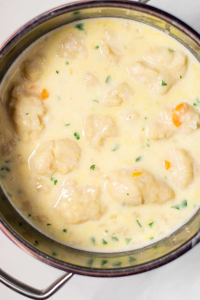 Closeup on the Chicken and Dumplings in the pot.