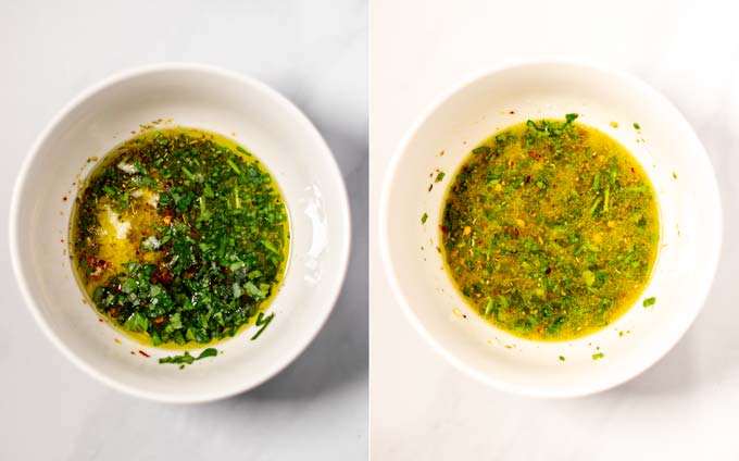 Side by side views of how to make the dressing for the Avocado Salad.
