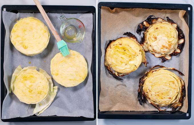 Cabbage Steaks on a baking sheet before and after roasting in the oven.