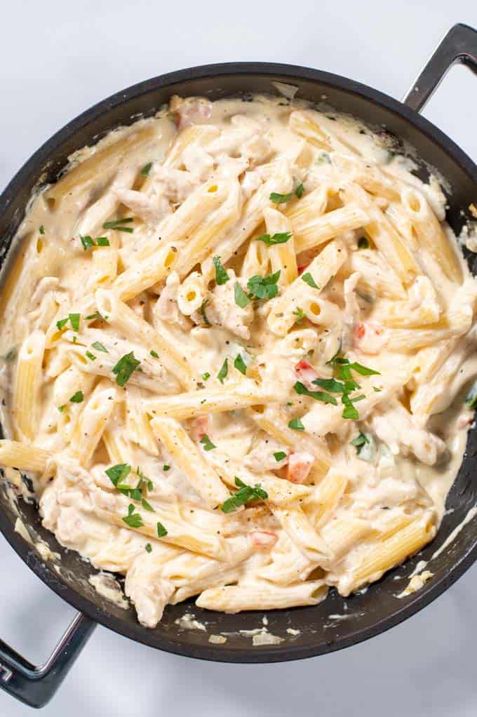 Closeup of Cajun Chicken Pasta.