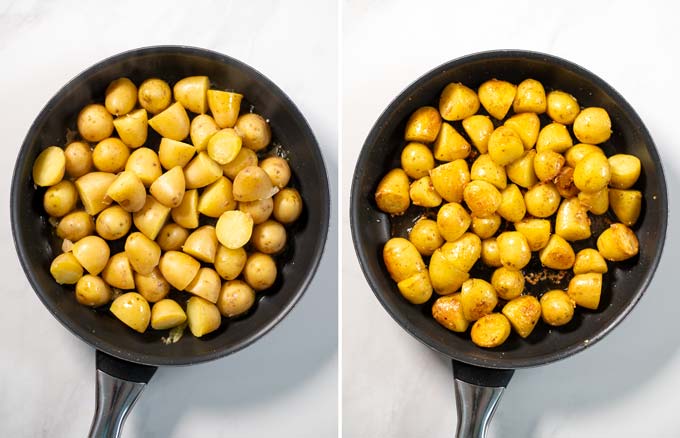 Frying of cut potato halves before and after.